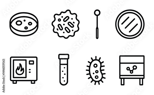 Microbiology lab icon set – outline style science, bacteria, and laboratory symbols for educational purposes: petri dish, bacteria, pipette, microscope, oven, test tube.