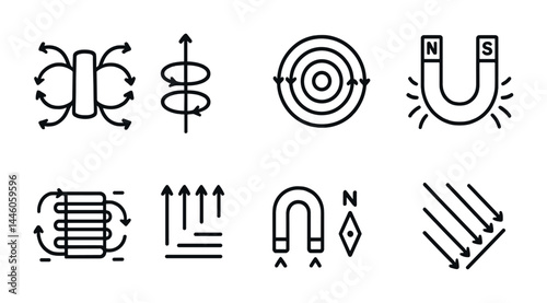Magnetic field diagram icons – outline style physics, science, and force visuals for educational resources: magnetic field lines, solenoid, vector field, magnetic pole, compass.