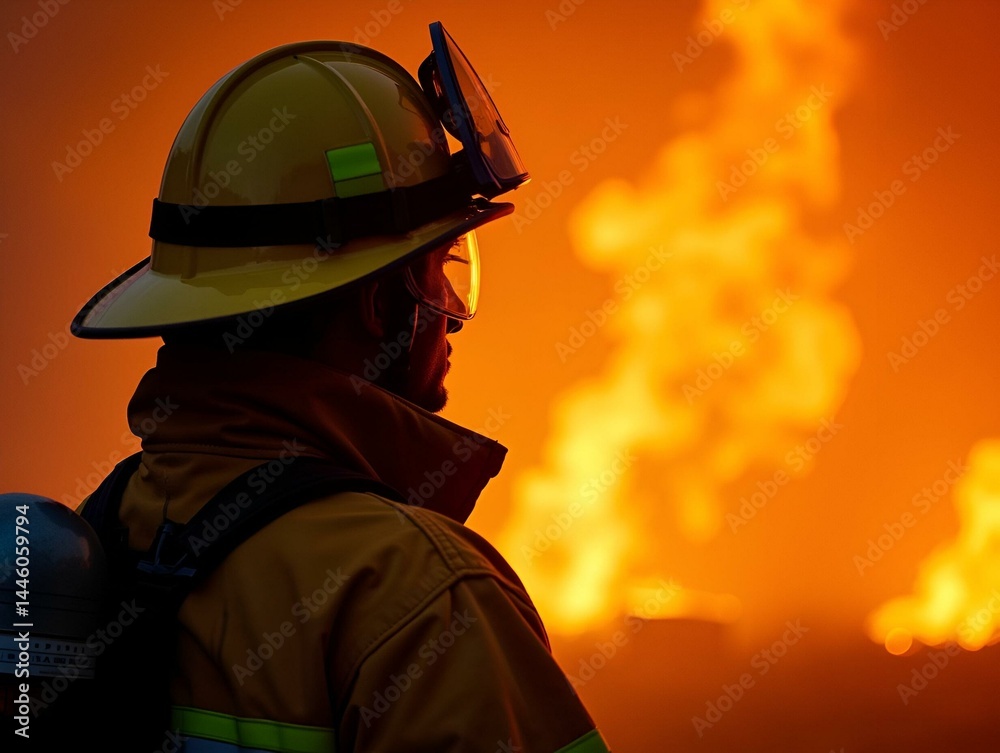 A firefighter prepares for a dangerous mission, donning protective gear and goggles while facing the fierce flames of a raging inferno, embodying courage and resilience in the face of adversity. A firefighter prepares for a dangerous mission, donning protective gear and goggles while facing the fierce flames of a raging inferno, embodying courage and resilience in the face of adversity.