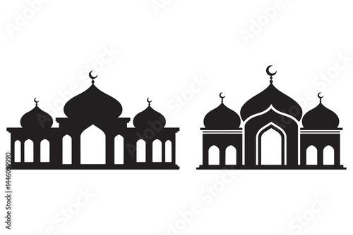 Black silhouette vector set of Islamic mosques with domes and crescent moons isolated on white background for Muslim architecture, Ramadan design, Eid celebration, and religious landmark icons"