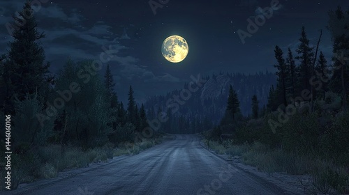 A moonlit, forest road stretches into the night.