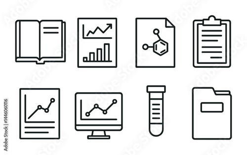 Academic and scientific research icon set – outline style education, data, and analysis symbols for research projects: book, chart, molecule, clipboard, test tube, graph, folder.