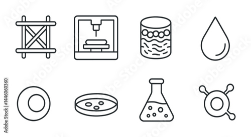 Biotechnology and laboratory icon set – outline style science, research, and innovation symbols for scientific projects: dna, petri dish, microscope, beaker, cell, molecule, flask, printer.