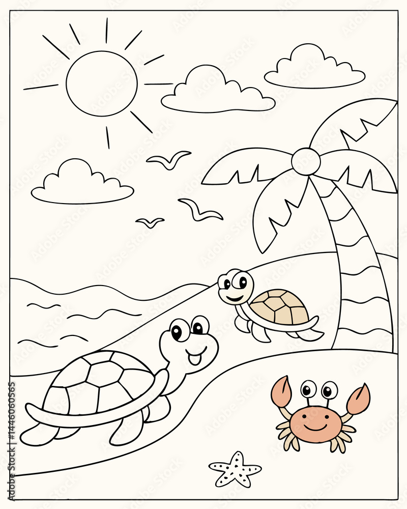 Fototapeta premium Turtles and Crabs Having Fun on the Beach Coloring Page. Easy to color, Kids Coloring Sheet