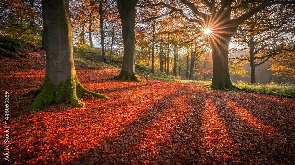 Sunbeams piercing autumn forest. Fallen leaves carpet the forest floor, casting long shadows. Sunlight streams through the trees