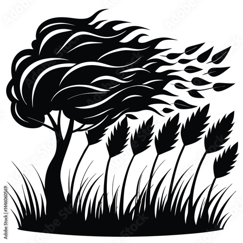 Windy Tree & Grass Silhouette, Black and White Scene, Nature Illustration, Minimalist
