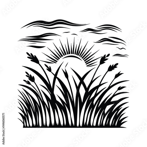 Black Silhouette of Rising Sun, Grass, and Clouds on White Background