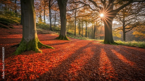 Obraz na płótnie Sunbeams piercing autumn forest. Fallen leaves carpet the forest floor, casting long shadows. Sunlight streams through the trees w salonie