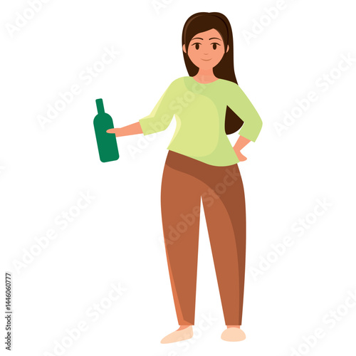 Woman holding green bottle. Vector