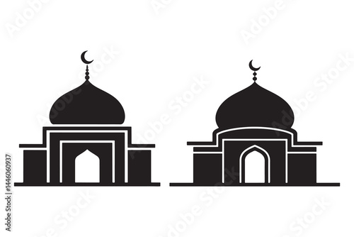 "Black silhouette vector set of Islamic mosques with domes and crescent moons isolated on white background for Muslim worship, Ramadan, Eid Mubarak, prayer place, and Islamic architectural icons"