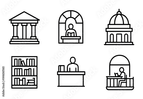 Library and education outline icons – line style academic, learning, and knowledge symbols for digital resources: library, bookshelf, librarian, reading, university, study.
