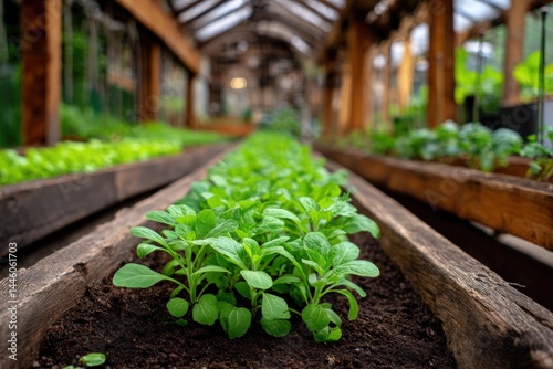 Seedlings growing in greenhouse garden; cultivating plants for food
