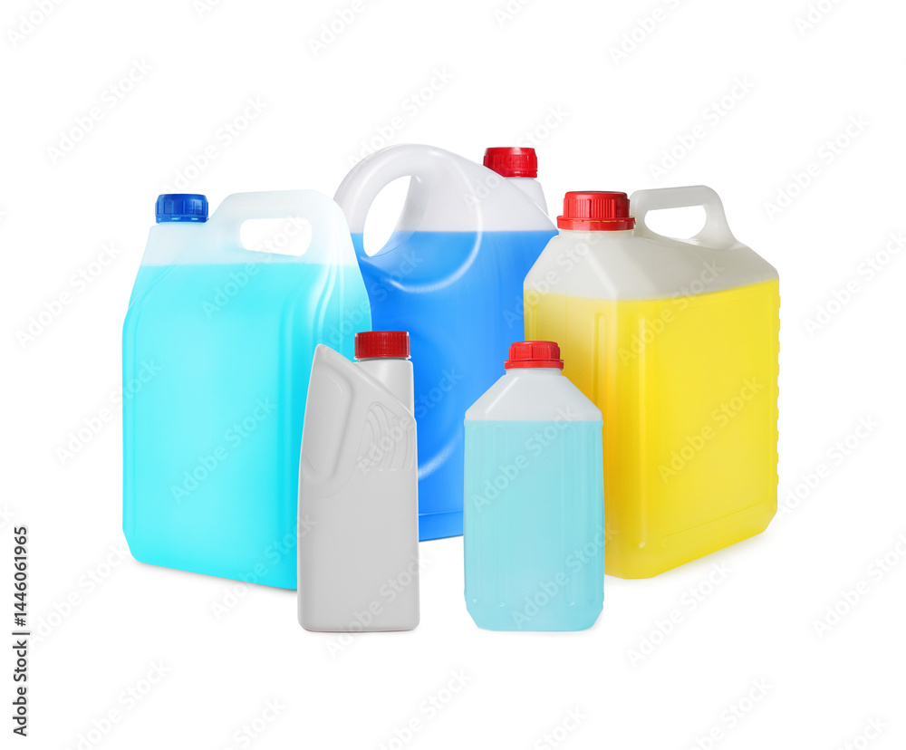 Many different plastic containers on white background Many different plastic containers on white background