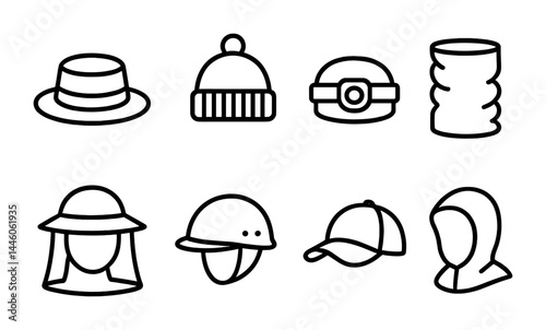 Hat and headwear outline icon set - flat style fashion, accessories, and apparel symbols for stylish design: fedora, beanie, cap, headband, sunhat, helmet, baseball cap.