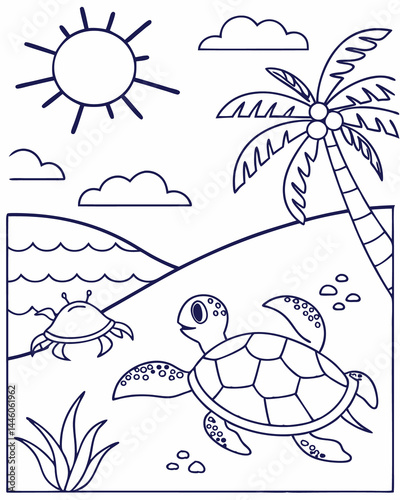 Turtles and Crabs Having Fun on the Beach Coloring Page. Easy to color, Kids Coloring Sheet