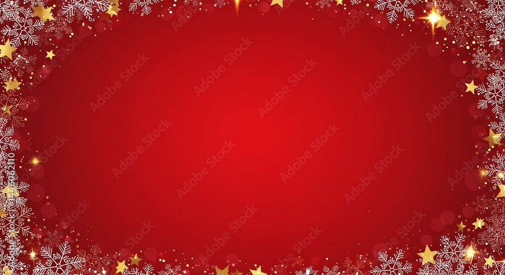 Festive Red Christmas Background: Sparkling Snowflakes and Golden Stars Festive Red Christmas Background: Sparkling Snowflakes and Golden Stars