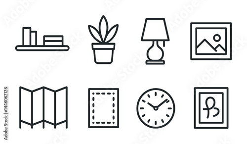 Home decor outline icon set – linear style interior design, modern living, and aesthetic symbols: bookshelf, plant, lamp, picture frame, map, canvas, clock, art print.