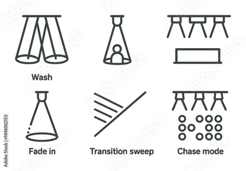 Event lighting control outline icons – linear style for stage design and lighting effects: spotlight, stage light, beam, scene transition, chase mode, fade in