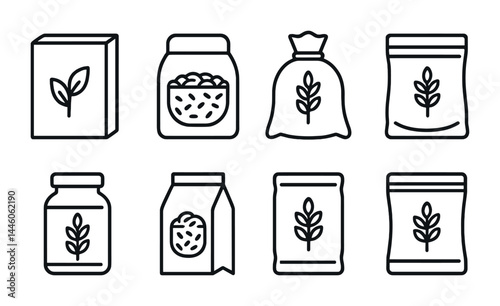 Organic food packaging icons set – outline style eco-friendly and sustainable symbols for green living: box, jar, bag, packet, leaves, grain, container, pouch.