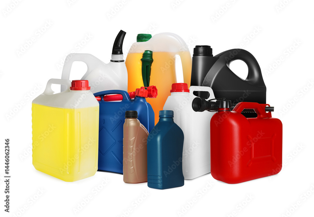 Many different plastic containers on white background Many different plastic containers on white background