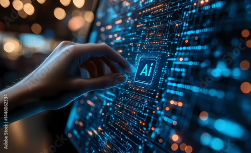  Human Hand Interacts with Virtual Intelligence Icon on Digital Network in Blue Futuristic Interface