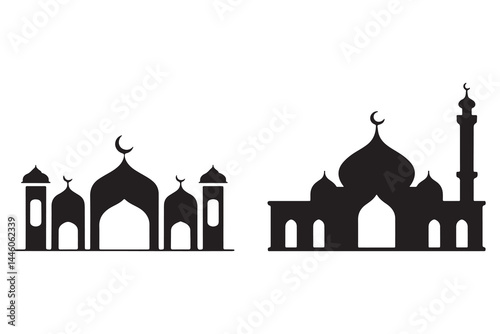 Black silhouette vector set of Islamic mosques with domes, minarets, and crescent moons isolated on white background for Ramadan, Eid, Muslim prayer, Islamic architecture, and worship icons