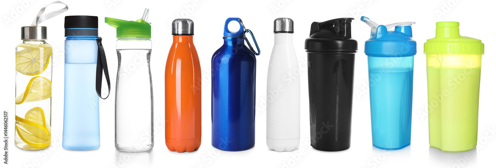 Different water bottles and shakers isolated on white, set Different water bottles and shakers isolated on white, set