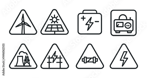 Renewable energy outline icons set – linear style eco-friendly, sustainable, and power generation symbols: wind turbine, solar panel, battery, generator, power plant, transformer, pipeline, lightning