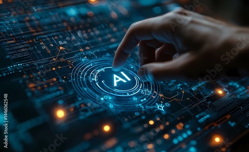  Human Hand Interacts with Virtual Intelligence Icon on Digital Network in Blue Futuristic Interface