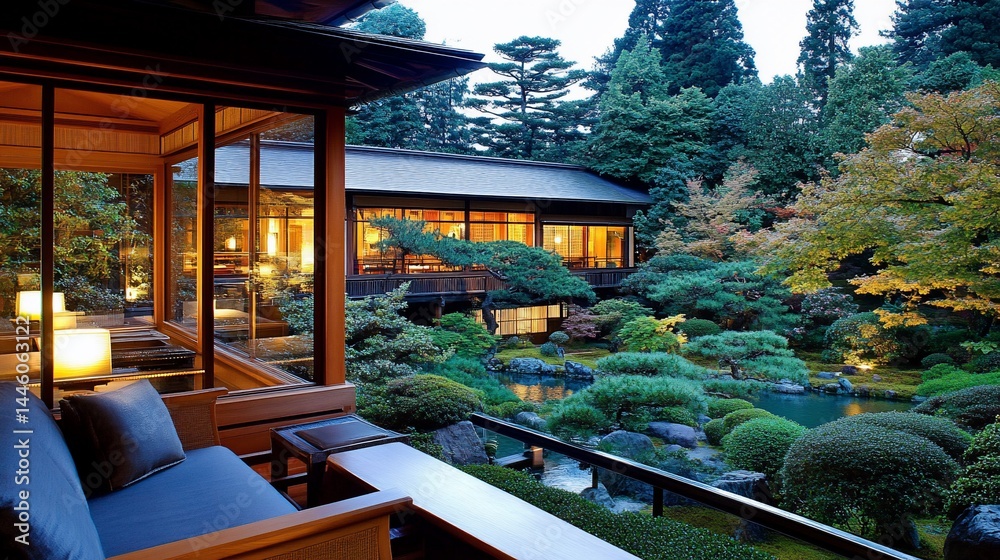 Tranquil Japanese garden retreat. Wooden structure with glass walls overlooks a meticulously landscaped zen garden at twilight