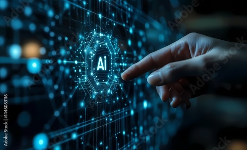  Human Hand Interacts with Virtual Intelligence Icon on Digital Network in Blue Futuristic Interface