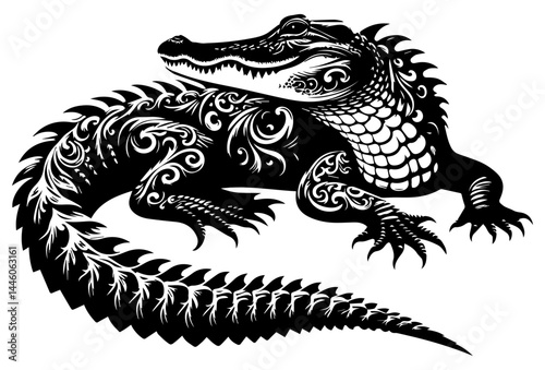 A black and white silhouette of a magical crocodile with patterns on a white isolated background. Vector graphics. EPS.