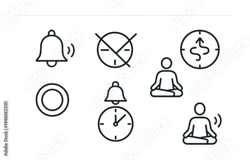 Mindfulness and meditation icons – outline style for wellness, relaxation, and calmness: meditation pose, alarm, do not disturb, zen timer, focus, bell, serenity.