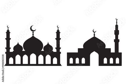 Black silhouette vector set of Islamic mosques with domes, minarets, arches, and crescent moons isolated on white background for Ramadan, Eid Mubarak, prayer, and Islamic religious architecture"