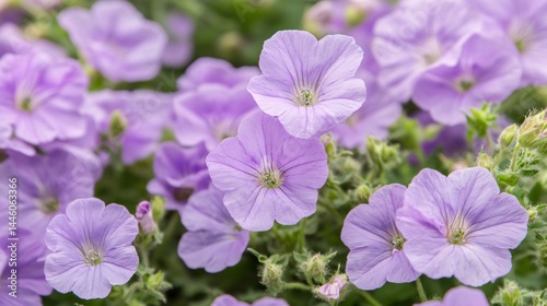 Vibrant purple flowers in full bloom, lush garden setting, perfect for nature themes, invites feeling of tranquility.