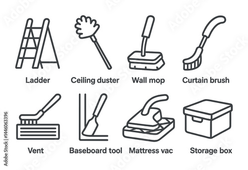 Home cleaning outline icons set – line style housekeeping, sanitation, and organization symbols for neat spaces: ladder, ceiling duster, wall mop, curtain brush, vent, baseboard tool, mattress vac,