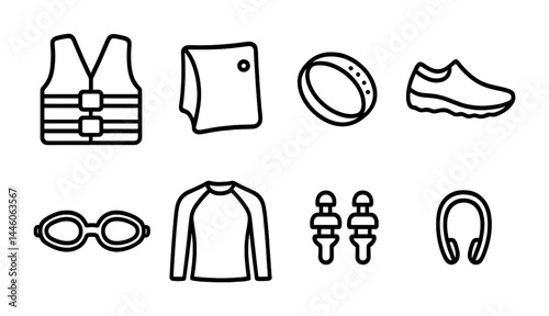 Water sports icon set – outline style for aquatic activities, gear, and safety symbols: lifejacket, towel, goggles, swim cap, wetsuit, kayak paddle, water shoes