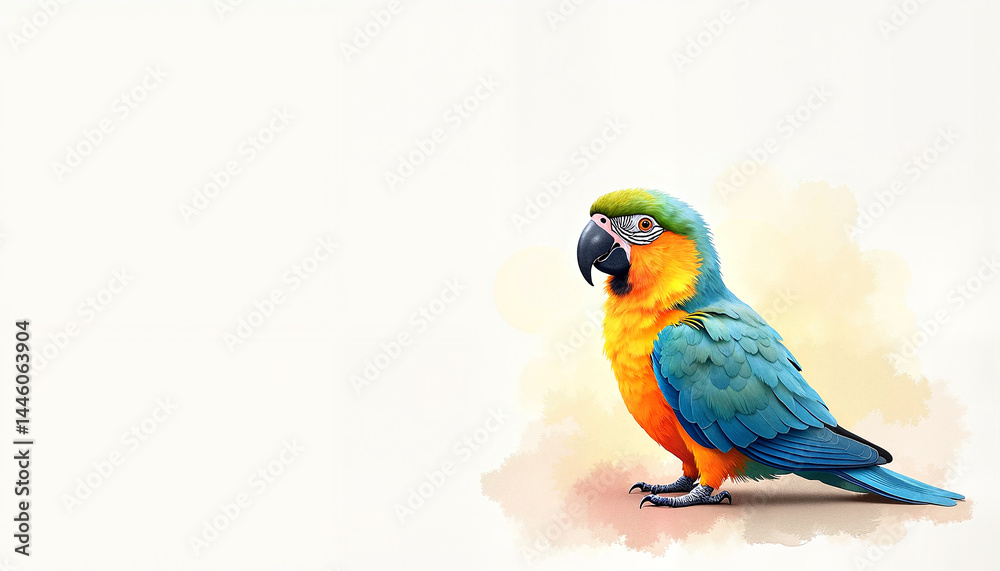 Fototapeta premium Colorful parrot standing against a soft watercolor background 