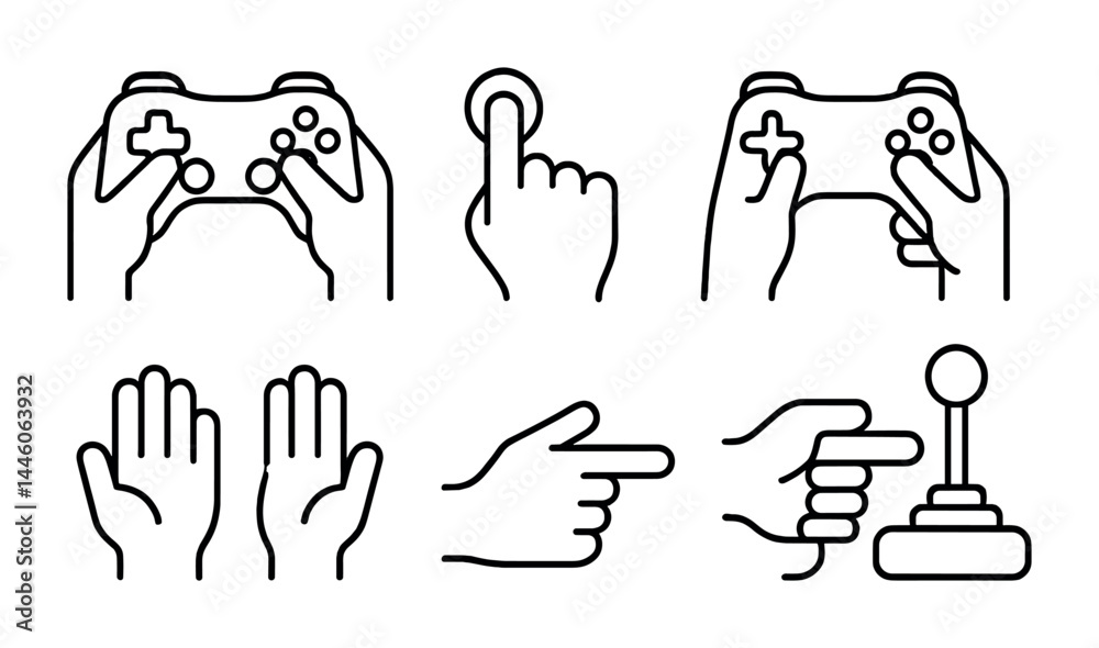 Fototapeta premium Interactive gaming icons set – outline style for game development, ux, and ui design: game controller, touchscreen, joystick, dynamic gestures, pointing finger.