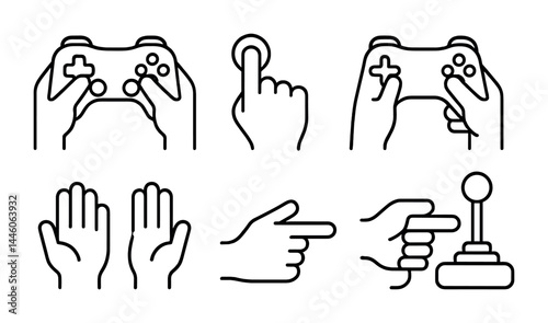 Interactive gaming icons set – outline style for game development, ux, and ui design: game controller, touchscreen, joystick, dynamic gestures, pointing finger.