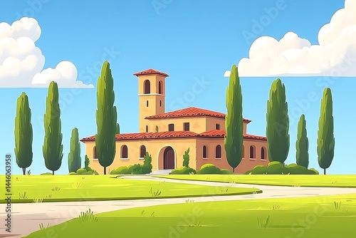 Tuscan villa, cypress trees, sunny landscape