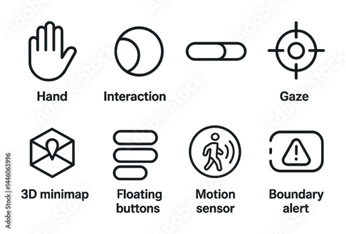 Innovative user interaction 3d icons set - line style touchless technology and gesture recognition symbols: hand, interaction, gaze, 3d minimap, motion sensor, boundary alert