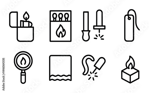 Fire and safety linear icons set – outline style for emergency, prevention, and protection: lighter, matchbox, dropper, bookmark, magnifying glass, fire block, sparkler, water drop.