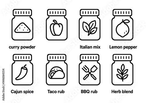 Culinary spice icon set - outline style kitchen ingredients and seasoning symbols for cooking enthusiasts: curry powder, italian mix, lemon pepper, cajun spice, taco rub, bbq rub, herb blend.