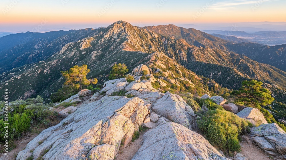 Rocky mountain ridge at dawn with a stunning view