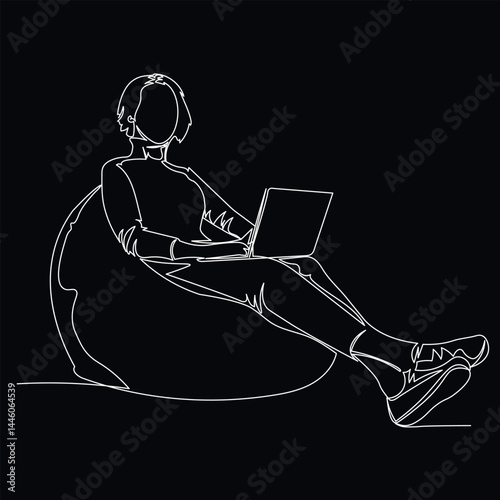 Line art drawing of a person, a girl sitting in a chair and a laptop. Vector drawing work from home, online learning, comfortable communication on the Internet