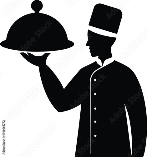 silhouette of a chef holding tray with cloche 