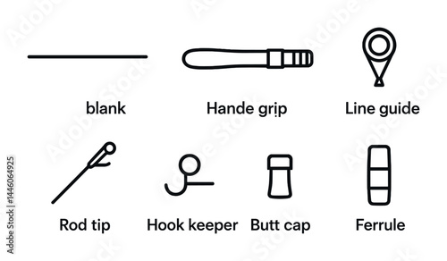 Fishing gear outline icons set – flat style angling equipment, tackle, and accessories for enthusiasts: blank, handle grip, line guide, rod tip, hook keeper, butt cap, ferrule.