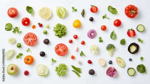 Healthy and varied food arranged on a white background, seen from above.
