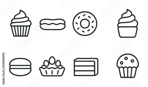 Delicious desserts icon set – outline style for bakery, confectionery, and pastry shops: cupcake, eclair, donut, macaron, tart, cake slice, muffin.